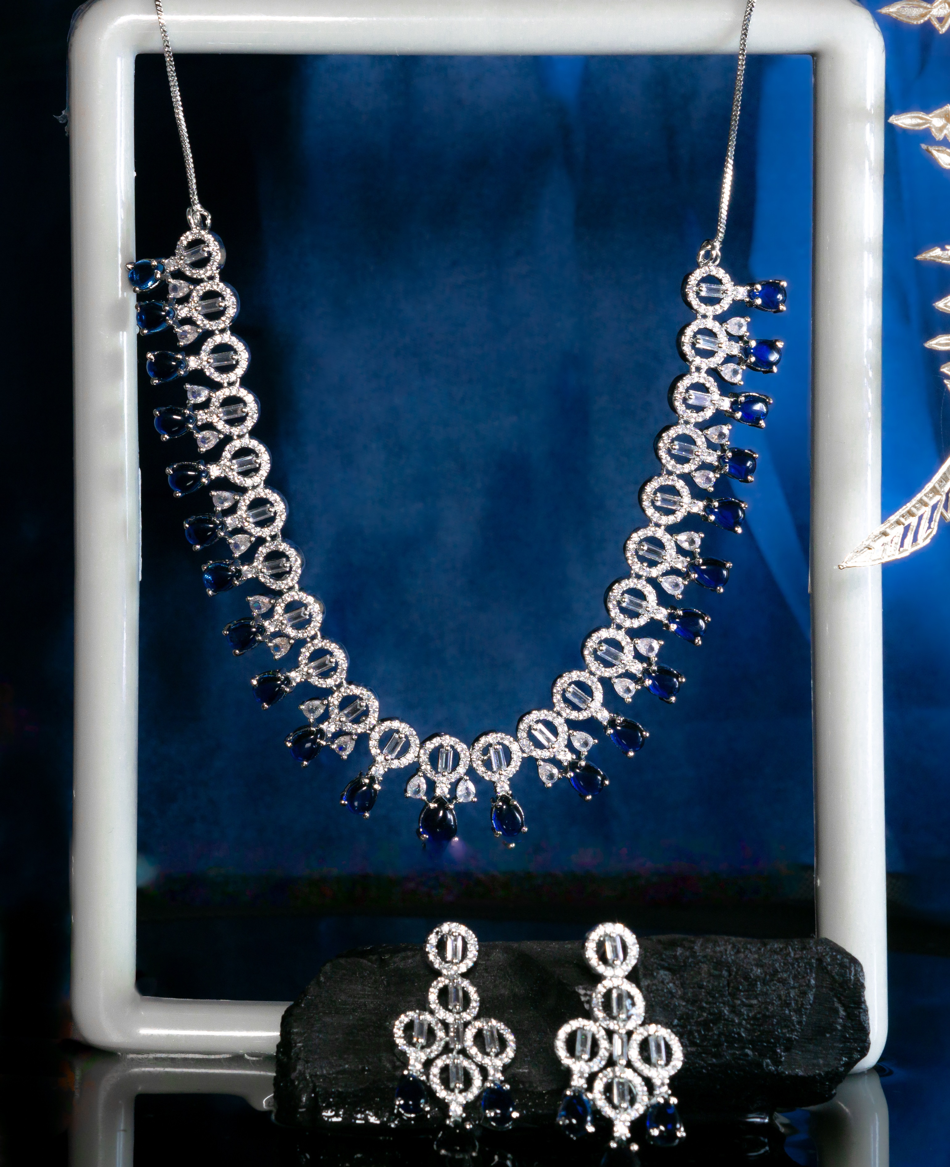  Orek Elegant Silver-Tone Crystal Necklace & Earrings Set with Blue Stone Drops